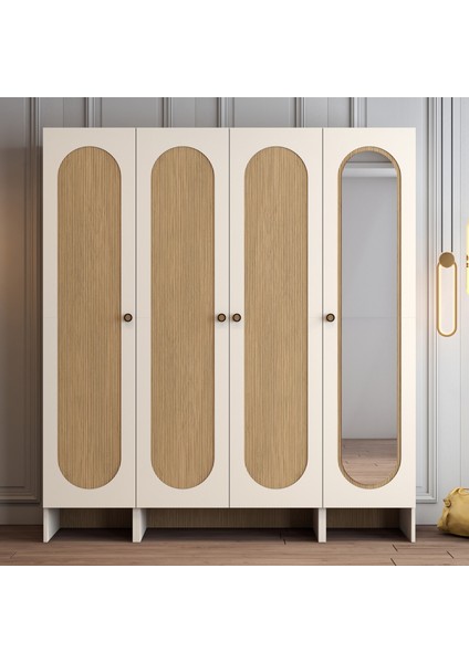 Münih 4 Kapaklı (423) Gardırop Krem / Gölge Çizgili Meşe
