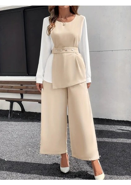 Meğdaix Kadın Uzun Kollu Açık Yakalı Çift Renkli Kemerli Ithal Krep Ikili Takım fırsatları