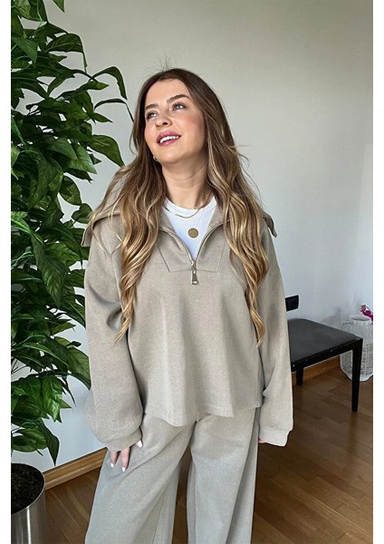 Kadın Açık Haki Fermuarlı Yeni Sezon Triko Takım – Oversize Günlük Kaliteli Rahat Kombin