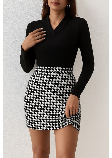 Meğdaix Kadın Uzun Kollu V Yakalı Kaz Ayağı Desenli Şardonlu Dalgıç Elbise