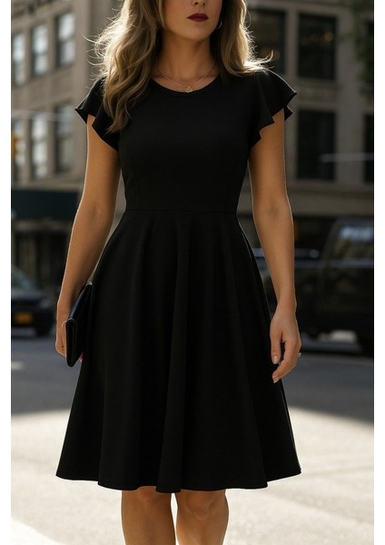 Meğdaix Kadın Kelebek Kollu Bisiklet Yakalı Pileli Ithal Krep Elbise