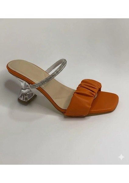 T032 Turuncu şeffaf Topuklu Rahat Taban Kadın Terlik