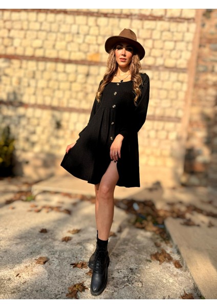 Meğdaix Kadın Uzun Kollu Kare Yaka Düğmeli Kısa Şardonlu Iki Iplik Mini Elbise indirimleri