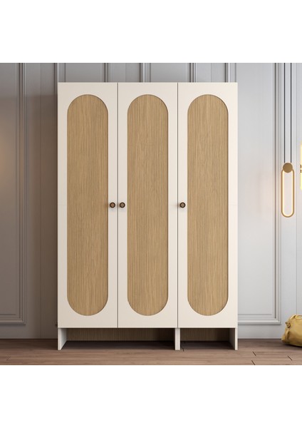 Münih 3 Kapaklı (24) Gardırop Krem / Gölge Çizgili Meşe
