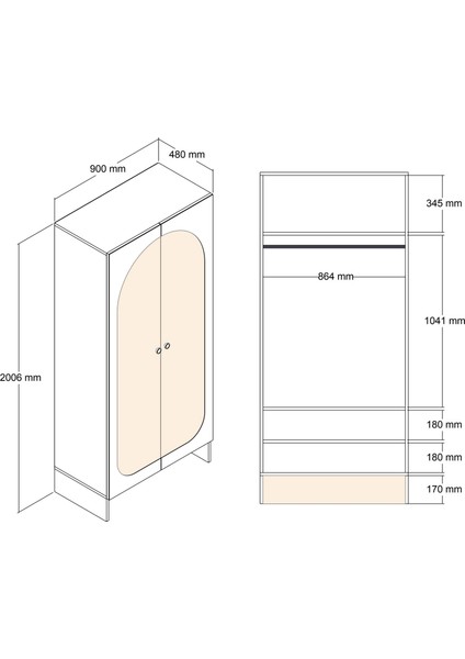 Münih 2 Kapaklı (1) Gardırop Krem / Gölge Çizgili Meşe fırsatları
