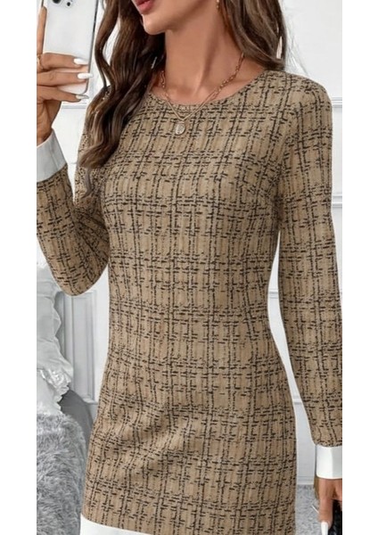 Meğdaix Kadın Uzun Kollu Yuvarlak Yaka Etek Ucu Şerit Detaylı Mini Dokuma Elbise fiyatları