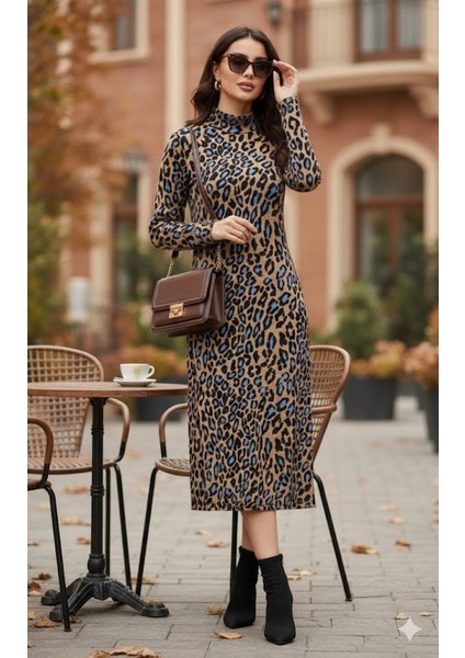 Meğdaix Kadın Uzun Kollu Balıkçı Yaka Leopar Desenli Midi Boy Elbise