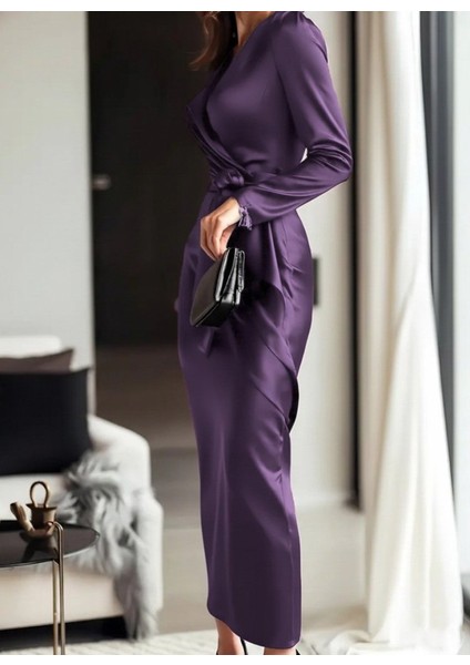 Meğdaix Kadın Uzun Kollu Kruvaze Yakalı Beli Kuşaklı Uzun Saten Elbise fiyatları