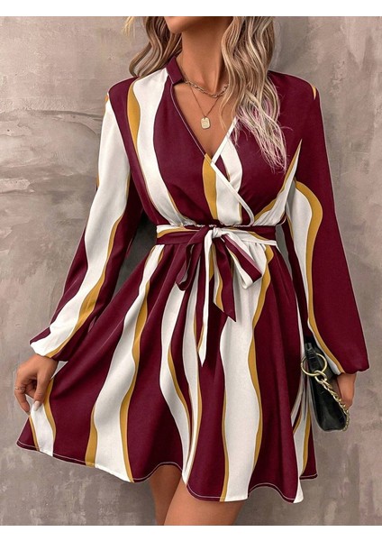 Meğdaix Kadın Uzun Kollu Kruvaze Yakalı Desenli Modal Mini Elbise fırsatları