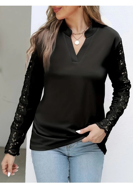Meğdaix Kadın Uzun Kollu Hakim Yaka Kolları Dantel Detaylı Ithal Krep Bluz