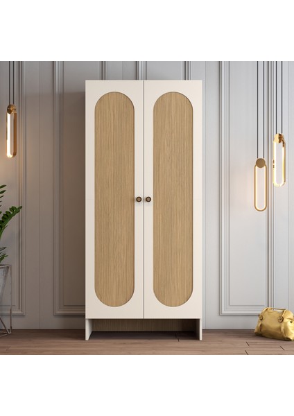 Münih 2 Kapaklı (2) Gardırop Krem / Gölge Çizgili Meşe