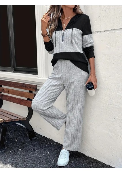 Meğdaix Kadın Uzun Kollu Kapşonlu Önden Fermuarlı Şardonlu Kaşkorse Bluz ve Pantolon