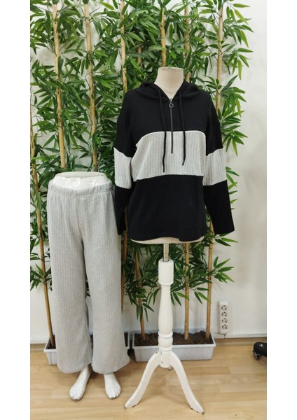 Meğdaix Kadın Uzun Kollu Kapşonlu Önden Fermuarlı Şardonlu Kaşkorse Bluz ve Pantolon