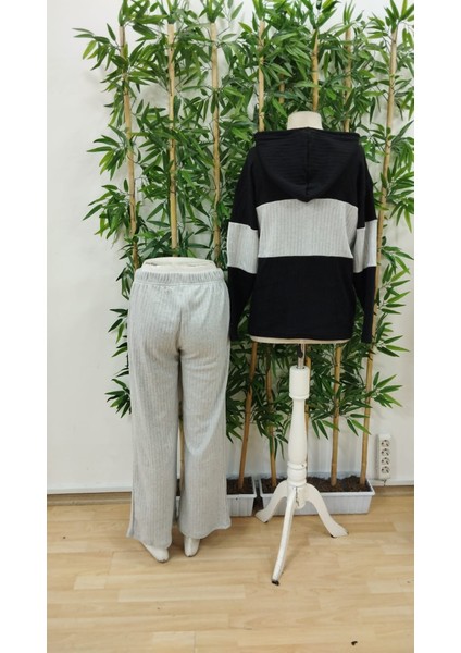 Meğdaix Kadın Uzun Kollu Kapşonlu Önden Fermuarlı Şardonlu Kaşkorse Bluz ve Pantolon