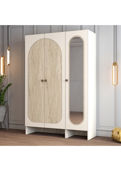 Münih 3 Kapaklı (13) Gardırop Krem / Traverten Mermer modelleri