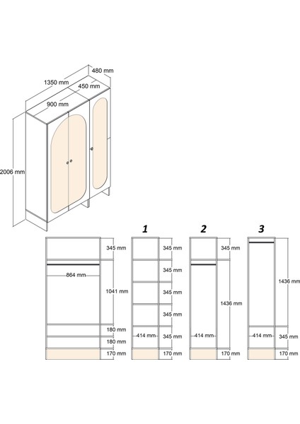 Münih 3 Kapaklı (13) Gardırop Krem / Traverten Mermer