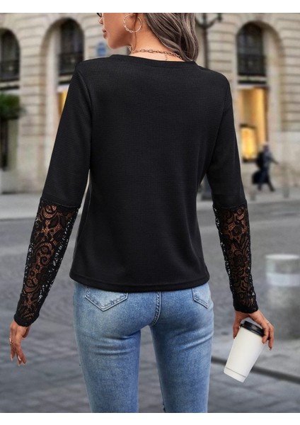 Meğdaix Kadın Uzun Kollu V Yakalı Dantelli Waffle Bluz fırsatları