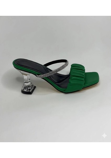 T032 Yeşil şeffaf Topuklu Rahat Taban Kadın Terlik