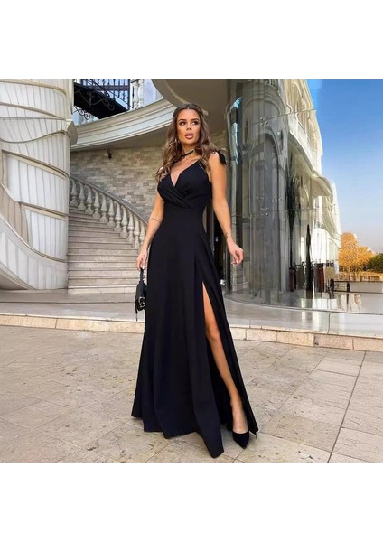 Meğdaix Kadın Askılı Omuzdan Bağlamalı Kruvaze Yakalı Uzun Yırtmaçlı Janjan Krep Elbise modelleri
