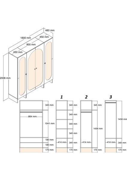 Münih 4 Kapaklı (424) Gardırop Krem / Gölge Çizgili Meşe