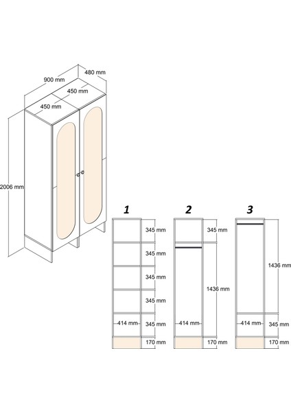 Münih 2 Kapaklı (44) Gardırop Krem / Gölge Çizgili Meşe