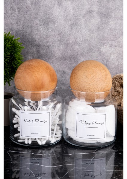 Iki Parça Ahşap Kapaklı Cam Saklama Kabı, Kulak ve Makyaj Pamuğu Seti