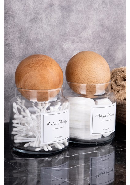 Iki Parça Ahşap Kapaklı Cam Saklama Kabı, Kulak ve Makyaj Pamuğu Seti modelleri