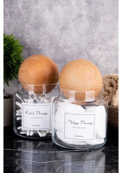 Iki Parça Ahşap Kapaklı Cam Saklama Kabı, Kulak ve Makyaj Pamuğu Seti fırsatları