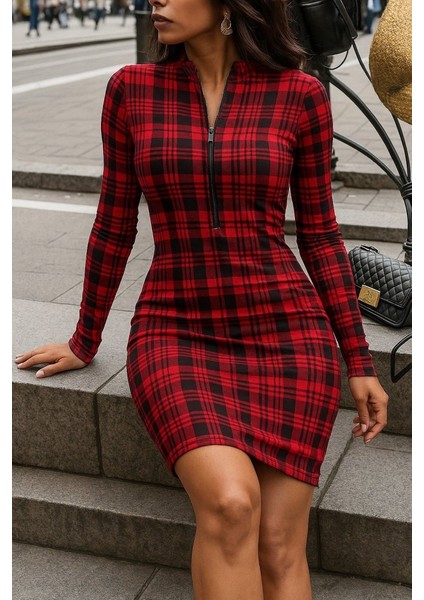 Meğdaix Kadın Uzun Kollu Fermuarlı Ekose Baskılı Dalgıç Elbise modelleri