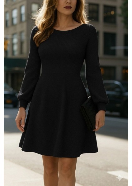 Meğdaix Kadın Uzun Kollu Kayık Yaka Kısa Triko Elbise