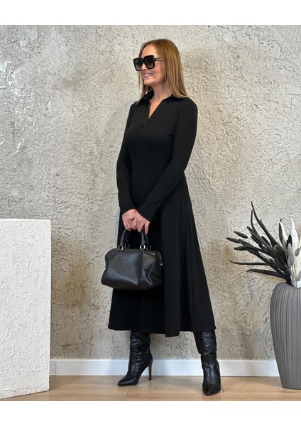 Meğdaix Kadın Uzun Kollu Yakalı Midi Viskon Iki Iplik Elbise