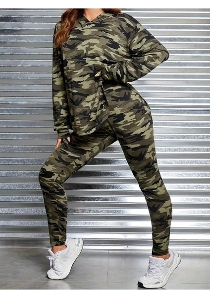 Meğdaix Kadın Uzun Kollu Kapşonlu Kamuflaj Desenli Bluz ve Pantolon Tayt Ikili Takım fırsatları