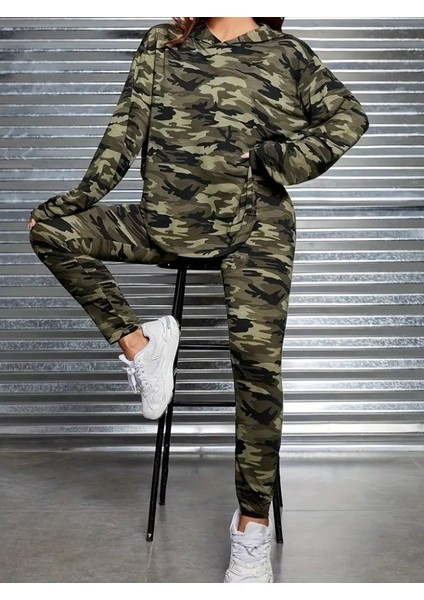 Meğdaix Kadın Uzun Kollu Kapşonlu Kamuflaj Desenli Bluz ve Pantolon Tayt Ikili Takım indirimleri