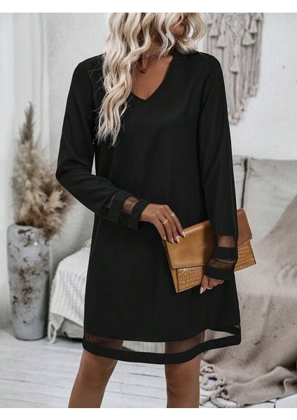 Meğdaix Kadın Uzun Kollu V Yakalı Tül Şerit Detaylı Mini Krep Elbise