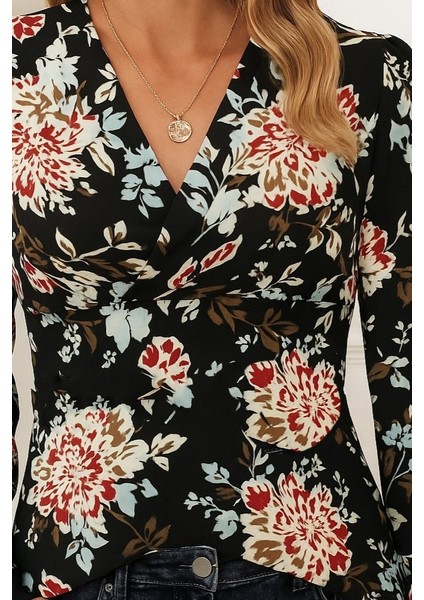 Meğdaix Kadın Uzun Kollu Kruvaze Yakalı Kelebek Desenli Şardonlu Dalgıç Bluz fiyatları