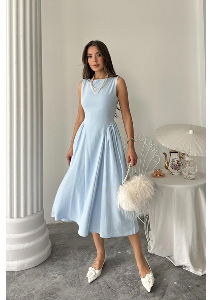 Meğdaix Mavi Yanları Büzgülü Midi Boy Keten Elbise