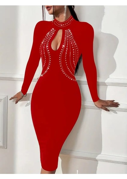 Meğdaix Kadın Uzun Kollu Balıkçı Yaka Taşlı Damla Detay Midi Ithal Krep Elbise fiyatları