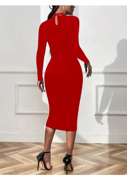 Meğdaix Kadın Uzun Kollu Balıkçı Yaka Taşlı Damla Detay Midi Ithal Krep Elbise modelleri