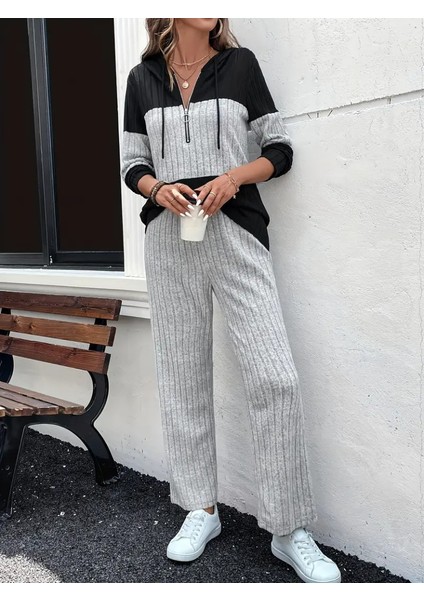 Meğdaix Kadın Uzun Kollu Kapşonlu Önden Fermuarlı Şardonlu Kaşkorse Bluz ve Pantolon fiyatları