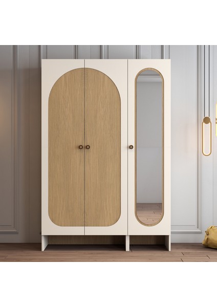 Münih 3 Kapaklı (13) Gardırop Krem / Gölge Çizgili Meşe