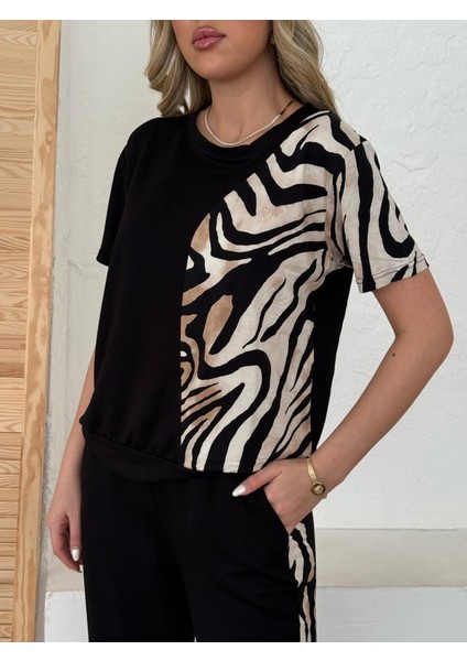 Meğdaix Kadın Bisiklet Yaka Kısa Kol Leopar Desen Bluz ve Pantolon Ikili Takım indirimleri