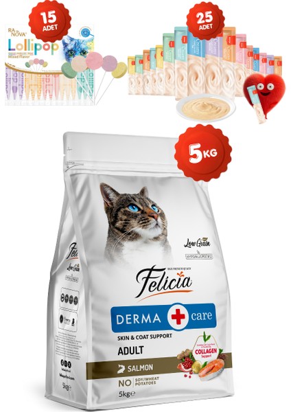 5 kg Somonlu Hipoalerjenik Düşük Tahıllı Yetişkin Kedi Maması 25LI Kedi Ödülü Krema 15LI Lolipop