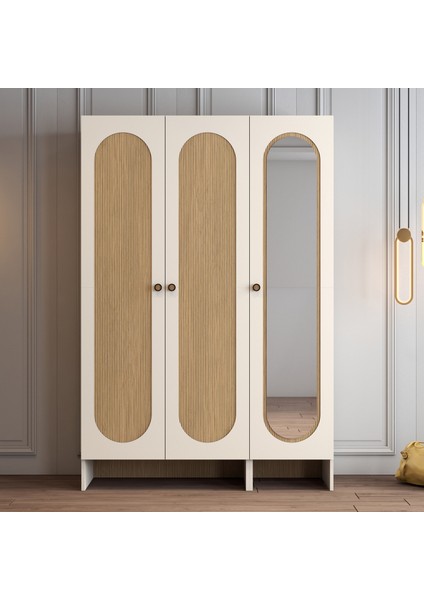 Münih 3 Kapaklı (23) Gardırop Krem / Gölge Çizgili Meşe