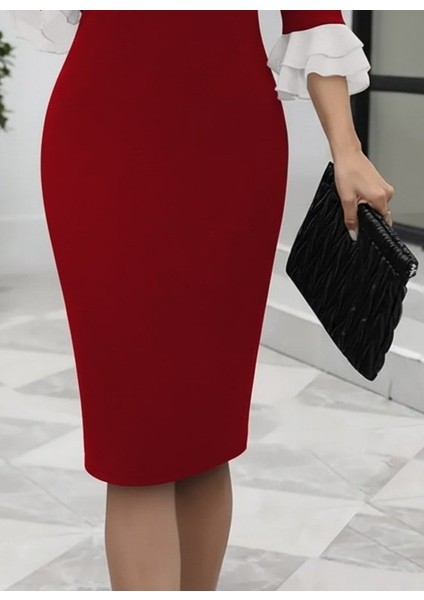 Meğdaix Kadın Truvakar Kollu Fiyonk Yakalı Midi Ithal Krep Elbise modelleri