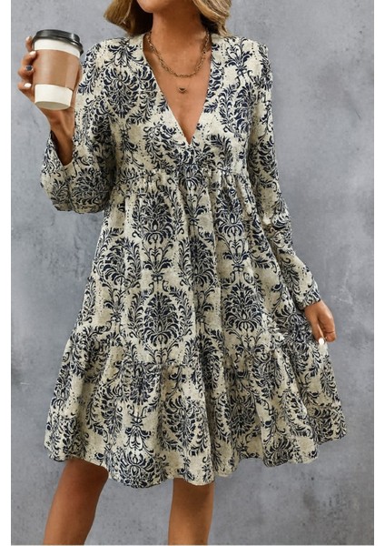 Meğdaix Kadın Uzun Kollu V Yakalı Fırfırlı Mini Süprem Elbise