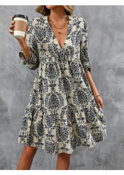 Meğdaix Kadın Uzun Kollu V Yakalı Fırfırlı Mini Süprem Elbise