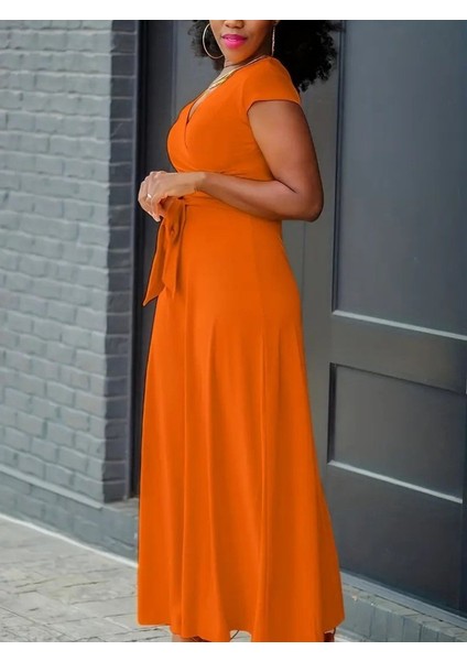 Meğdaix Kadın Kısa Kollu V Yakalı Belden Kuşaklı Maksi Boy Viskon Elbise modelleri