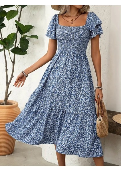 Meğdaix Kadın Kısa Kollu Gipe Detaylı Desenli Midi Süprem Elbise fiyatları