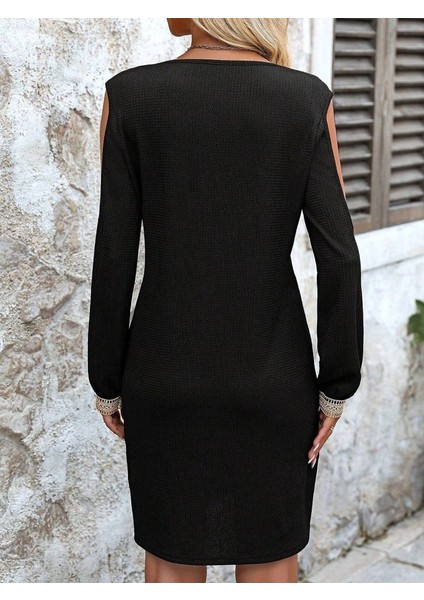 Meğdaix Kadın Uzun Kollu Omuzdan Açık V Dantel Yakalı Mini Waffle Elbise indirimleri