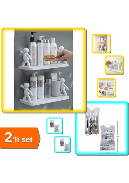 2'li Çok Renkli Mutfak ve Banyo Yapışkanlı Raflar, Elbise Şeklinde Takı Saklama